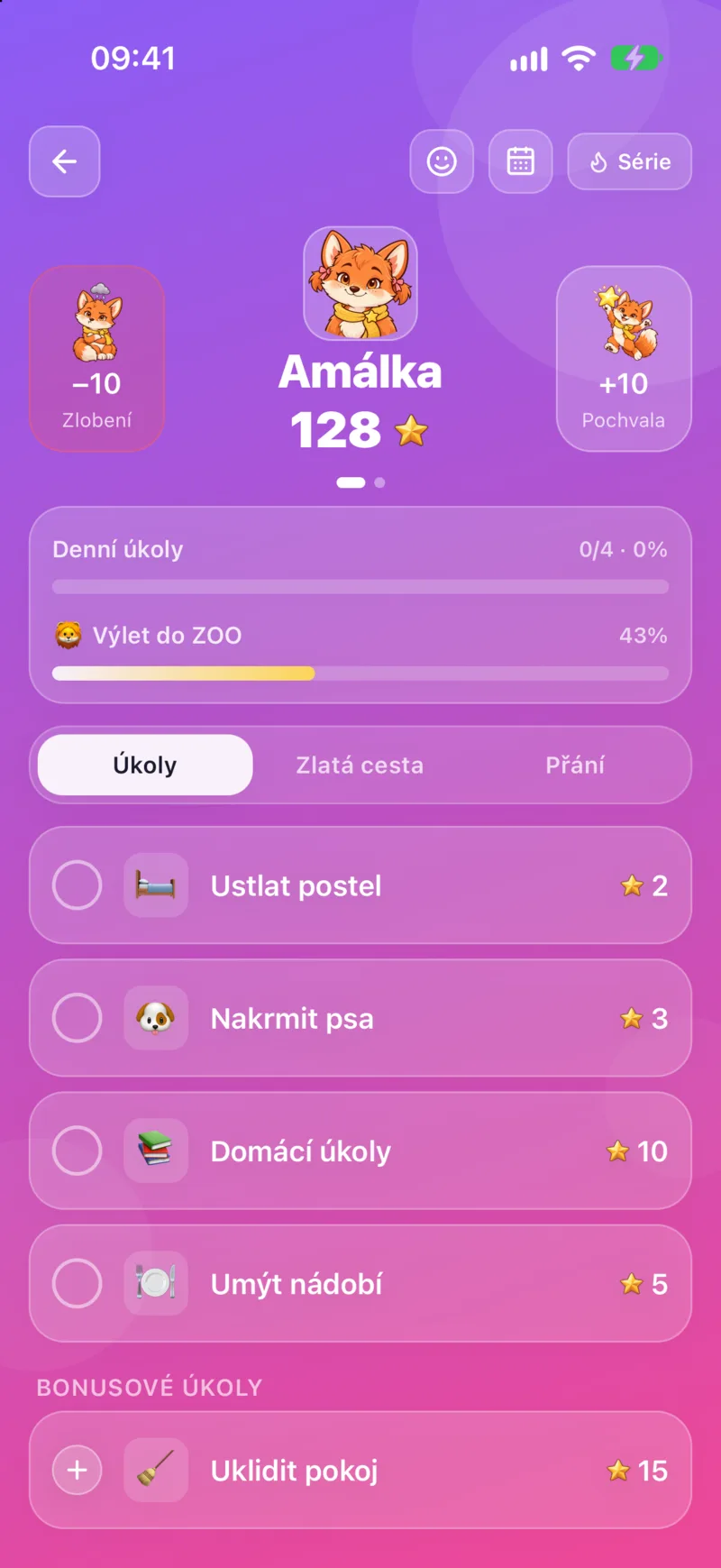 Seznam denních úkolů dítěte s odškrtnutými položkami