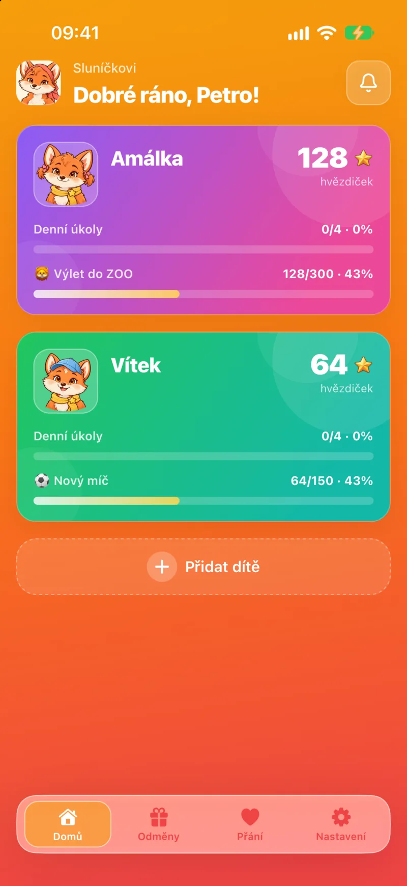 Domovská obrazovka: karty dvou dětí s pokrokem