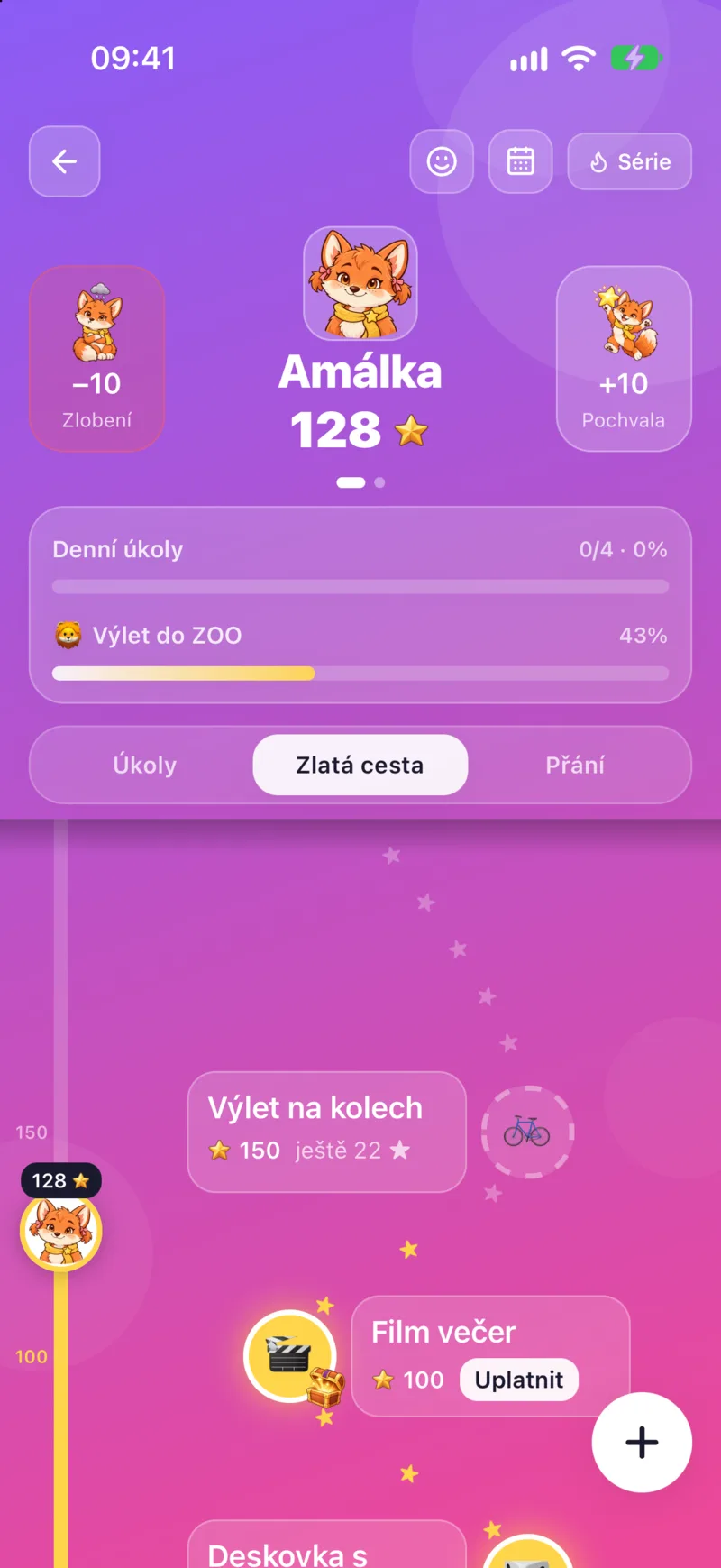 Zlatá cesta v aplikaci Golden: hvězdičky vedou k přání, které si dítě vybralo
